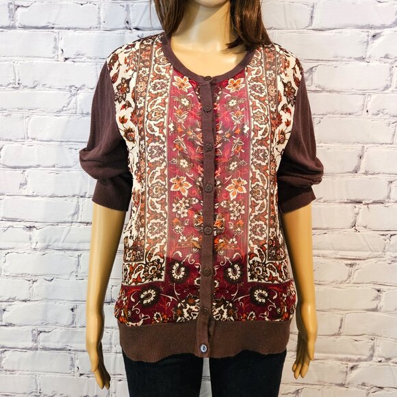 NEW YORK & COMPANY, Boho brown and burgundy button up cardigan - Picture 4 of 10